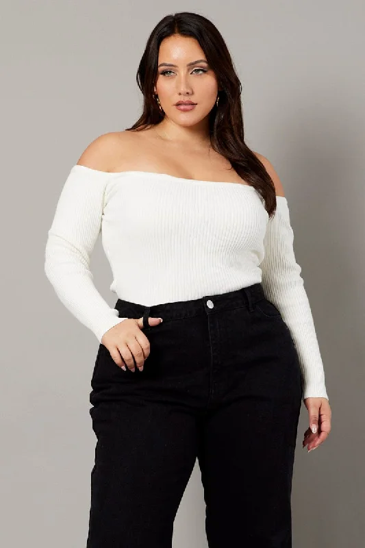 Women's Evening Outfit White Off Shoulder Knit Top Long Sleeve