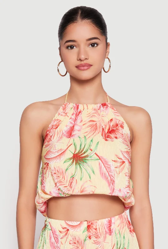 Minimalist Women's Fashion Clothing Almost Famous Plisse Tropical Print Halter Crop Top