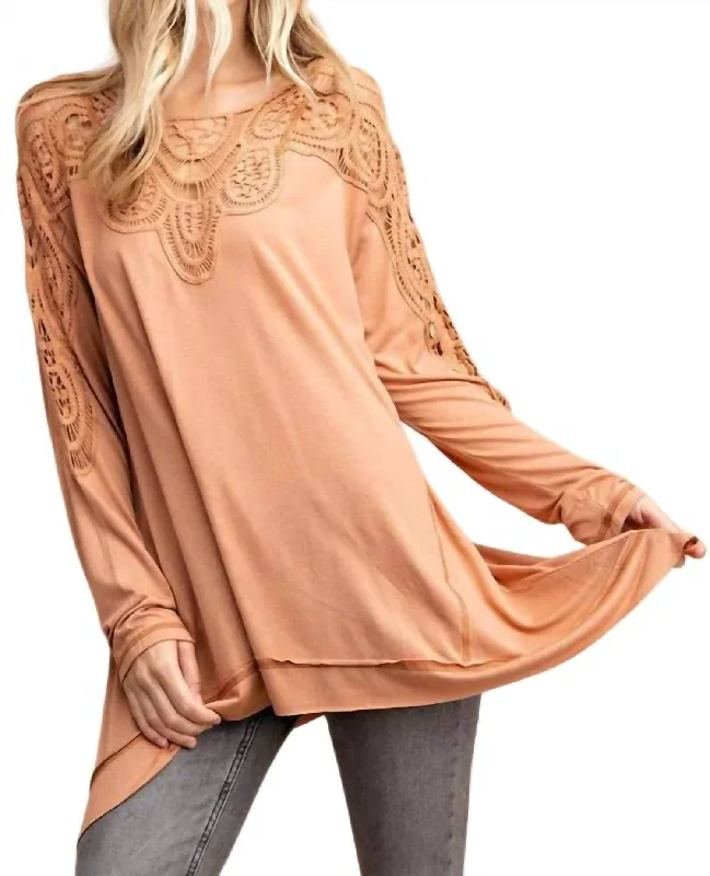 Women's Work Outfit For The Office Oversized Patch Mixed Jersey Tunic Top In Apricot