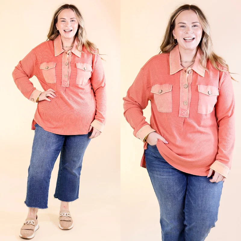 Casual Wear Cozy Welcome Waffle Knit Collared Top with Long Sleeves in Coral Orange