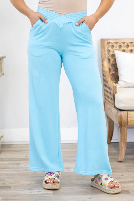 Women's Wedding Apparel Baby Blue Ribbed Waistband Wide Leg Pants