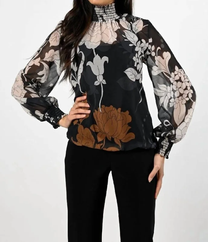 Clearance Sale Online Long Sleeve Shirred Trim Top In Black