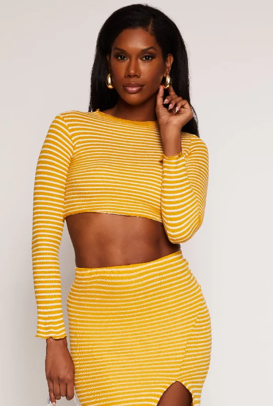 Best Online Boutiques Striped Rib Knit Lettuce Edge Crop Top