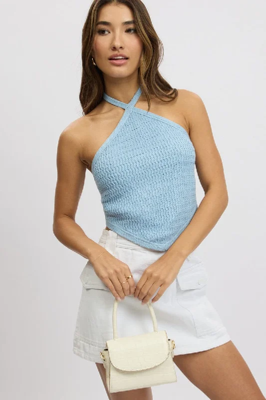 Formal Attire For Women Blue Knit Top Halter Neck