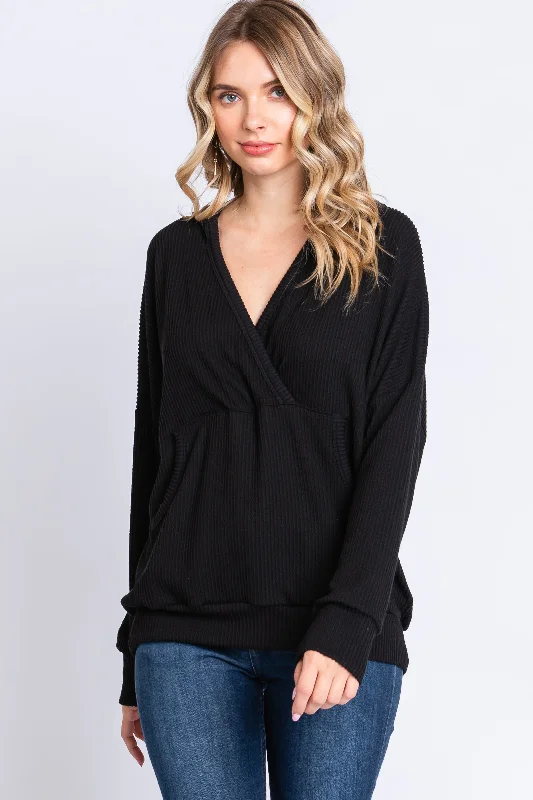 Festival Fashion Black Ribbed Hooded Wrap Long Sleeve Top