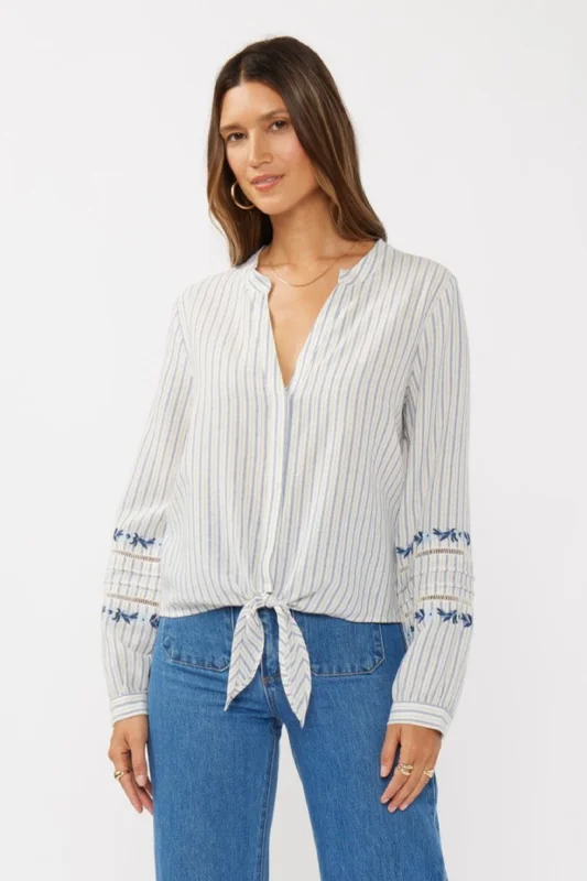 Luxury Fashion Elliott Long Sleeve Front Tie Stripe Print Top Blue