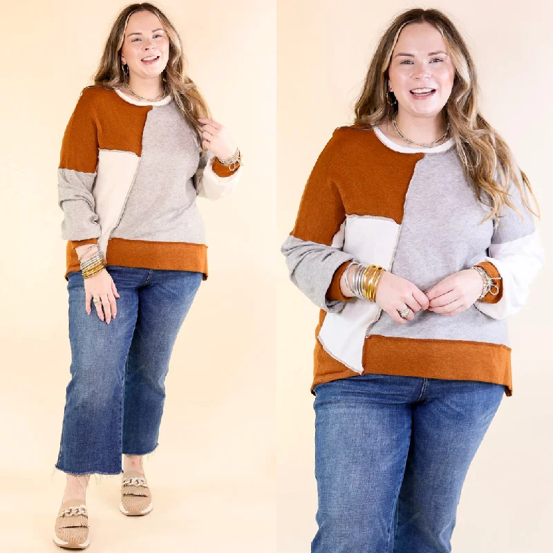 Premium Fabrics Cozy Creation Colorblock Long Sleeve Top in Rust Orange Mix