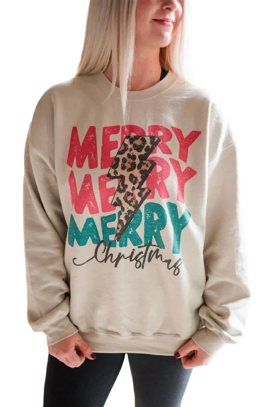 Women's Fashion Essentials Merry Merry Merry Christmas Sweatshirt In Sand