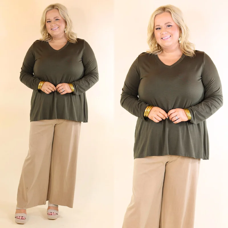 Women's Clothes Online Shopping Plus Size | It's That Simple Solid V Neck Long Sleeve Tee in Olive Green