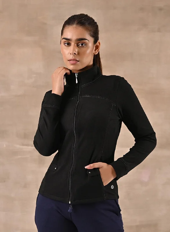 Laid-Back Elegance Black High Neck Jacket with Zipper & Pockets