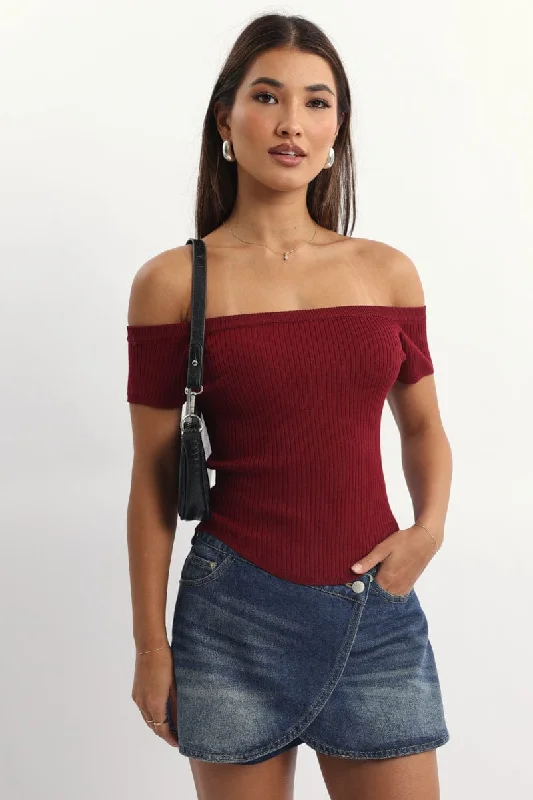 Vintage-Inspired Garments Red Bardot Knit Top Short Sleeve