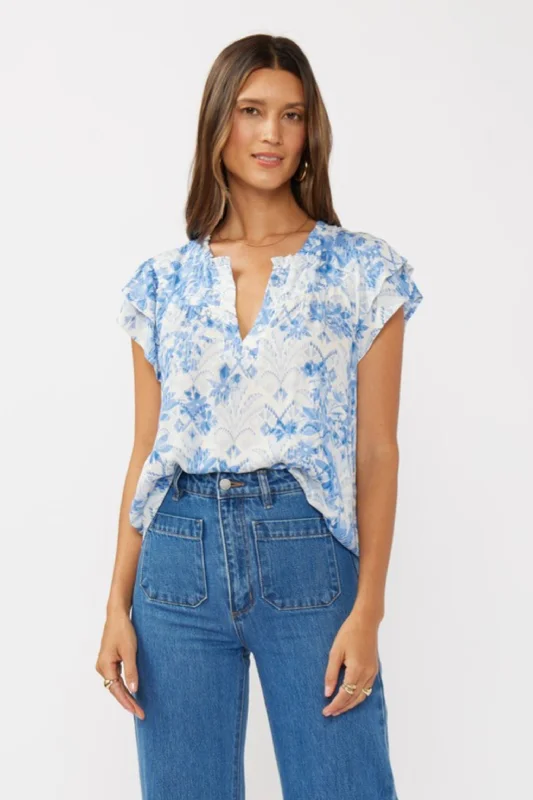 Sophisticated Style Doreen Short Ruffle Sleeve Floral Print Top Blue