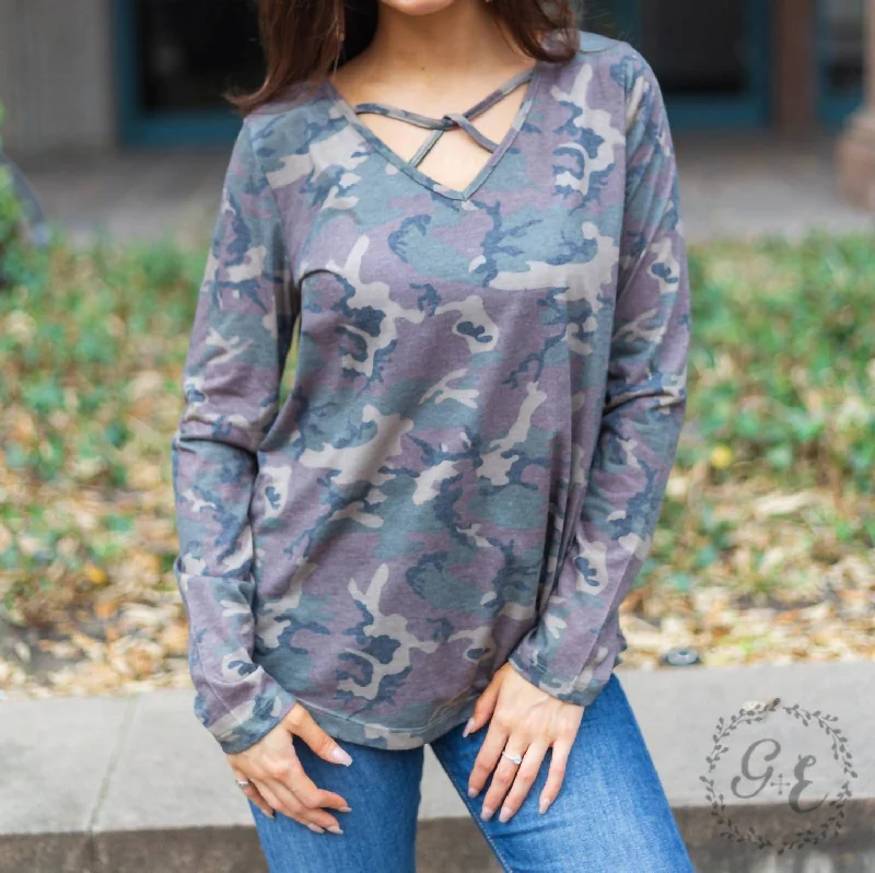 Fashion Sale Let's Take A Road Trip Caged Long Sleeve With V Neck Top In Camouflage