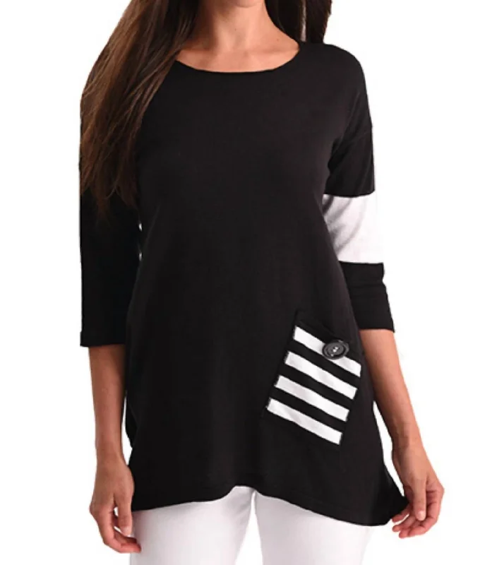 Women's Cozy Outfit For Lounging Stripe Pocket Flowy Tunic Top In Black/white