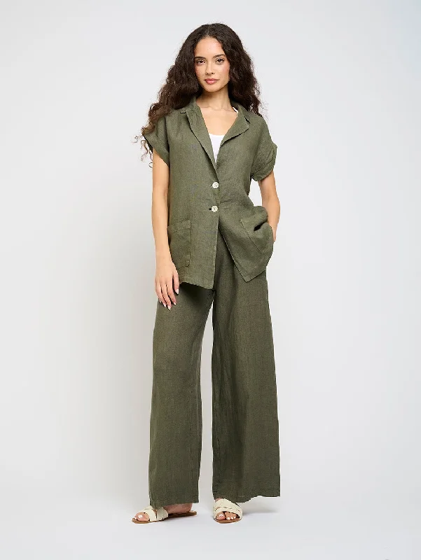 Stylish Women's Attire High Waisted Linen Pant - Green Vine