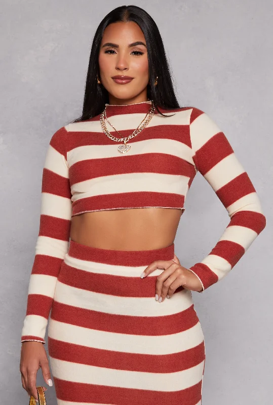 Women Clothing Brush Knit Striped Crop Top