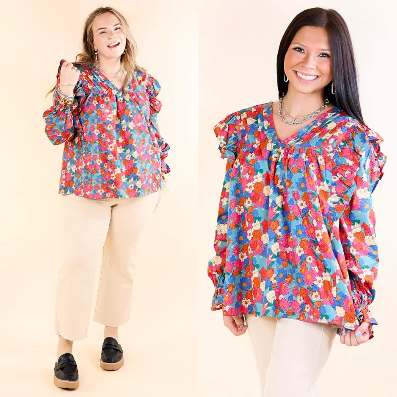 Women Clothes Coffee Perks Floral Ruffle Detail Long Sleeve Top in Turquoise