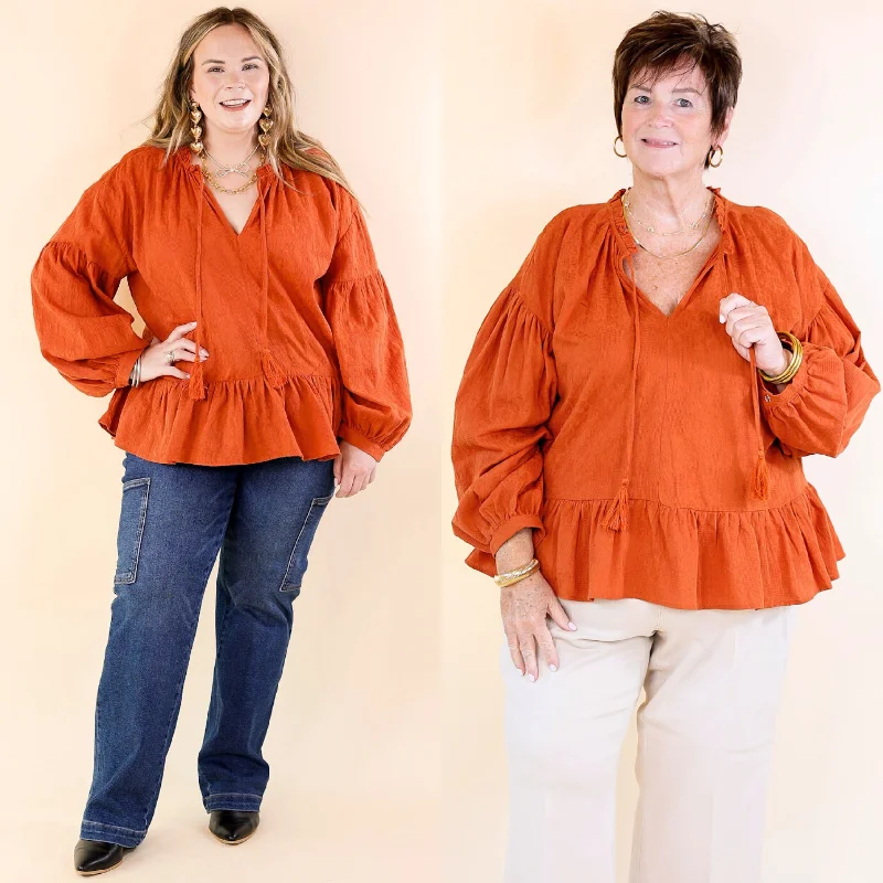 Weekend Sale Free Fallin' Textured Long Sleeve Peplum Top with Keyhole Front in Orange