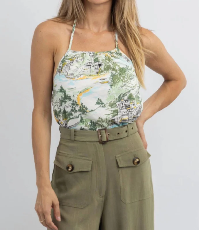 Women's Online Boutique Francine Toile Print Halter Crop In Green