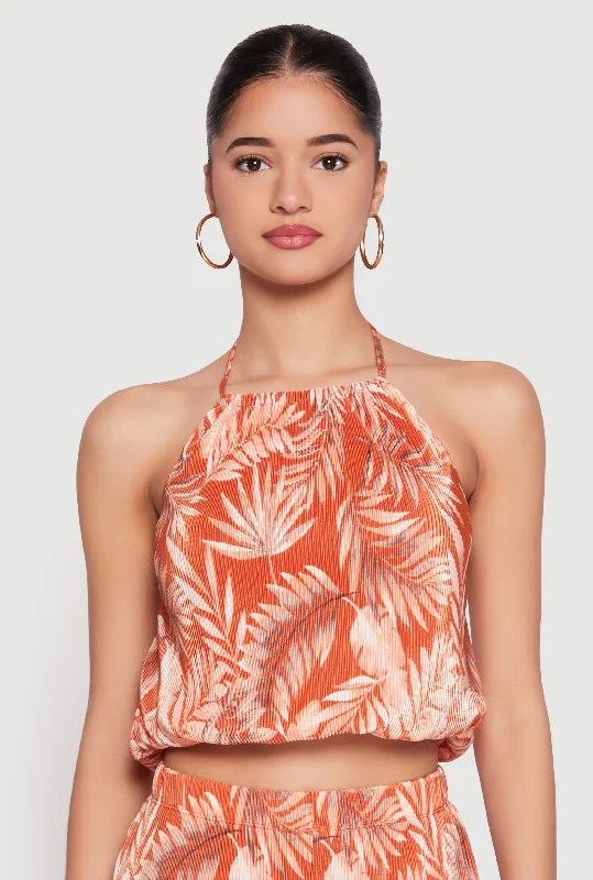 Outfits For Women Almost Famous Plisse Tropical Print Cropped Halter Top