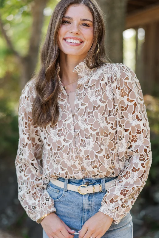 Women's Night-Out Outfit Feeling The Love Taupe Crochet Blouse