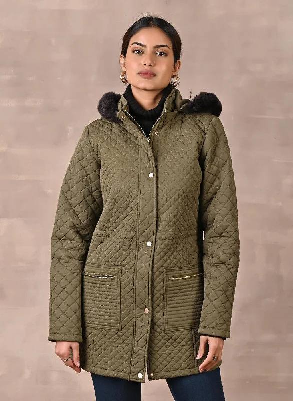 Current Trends Olive Quilted Jacket with attached Hood (W)