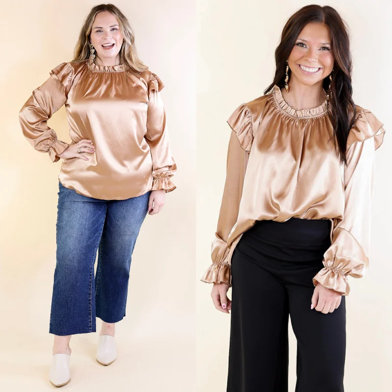 Trendy Street Style Clothing Can't Stop Me Ruffle Mock Neck Long Sleeve Satin Top in Champagne