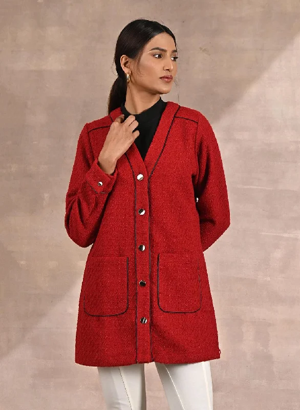 Luxury Fashion Red Long Sleeve Textured Jacket with Metallic Buttons