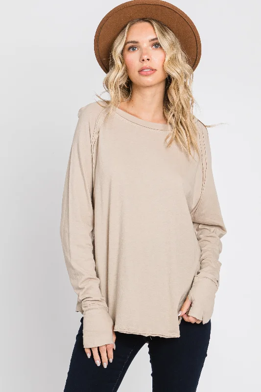 Urban Femme Streetwear Taupe Exposed Seam Long Sleeve Top