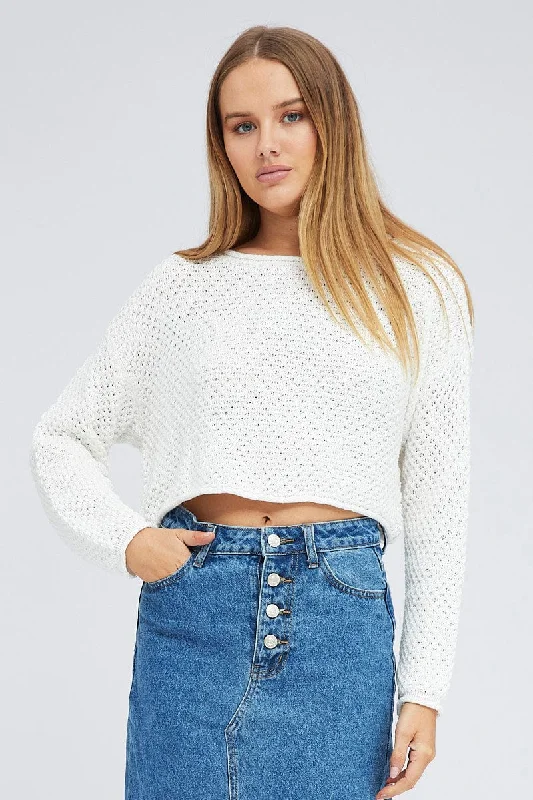 Women's Cozy Winter Attire White Knit Top Long Sleeve Crew Neck