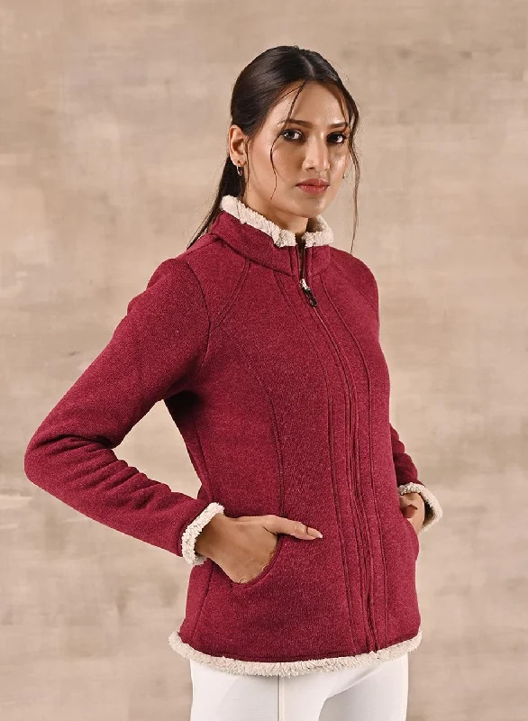 Timeless Classics Maroon Zip-front High-neck Fleece Jacket with Pockets