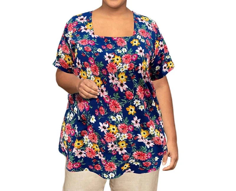 Women's Professional Garments Printed Square Neck Tunic - Plus In Navy Ground Floral