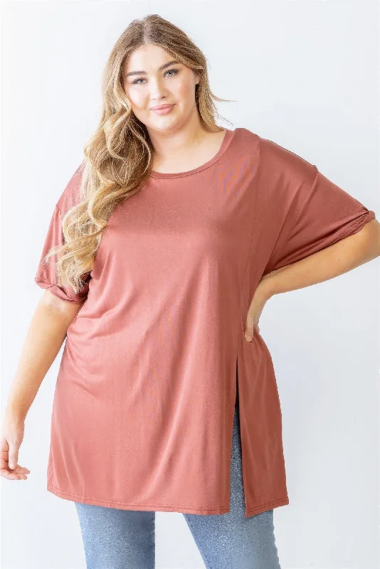 Charming Women's Garments Plus Brick Round Neck Short Sleeve Relax Top