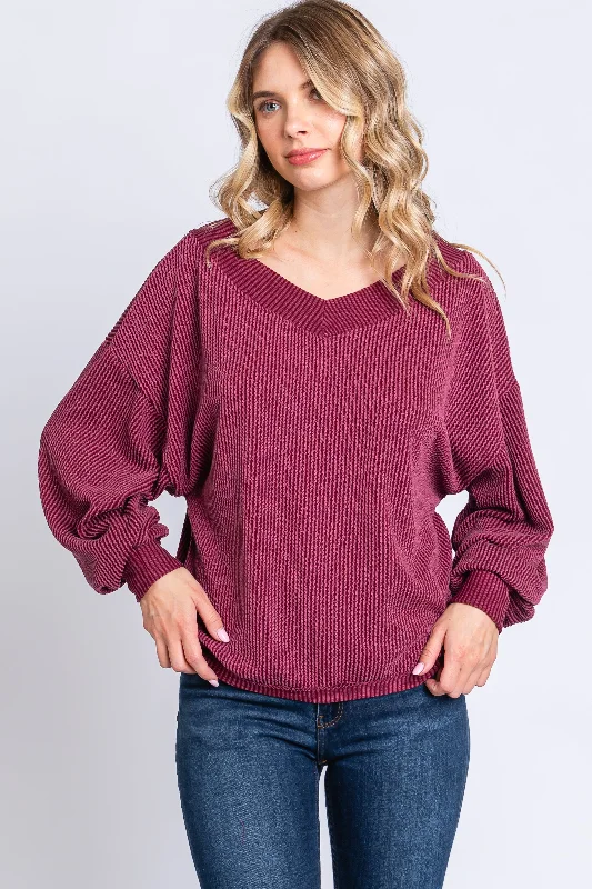 Relaxed Style Burgundy Ribbed V-Neck Cropped Sweater