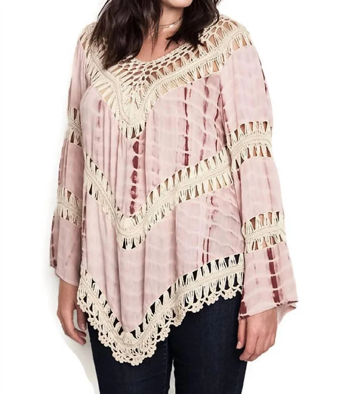 Charming Women's Outfit For Special Occasions Tie Dye Crochet Knit Tunic - Plus In Pink