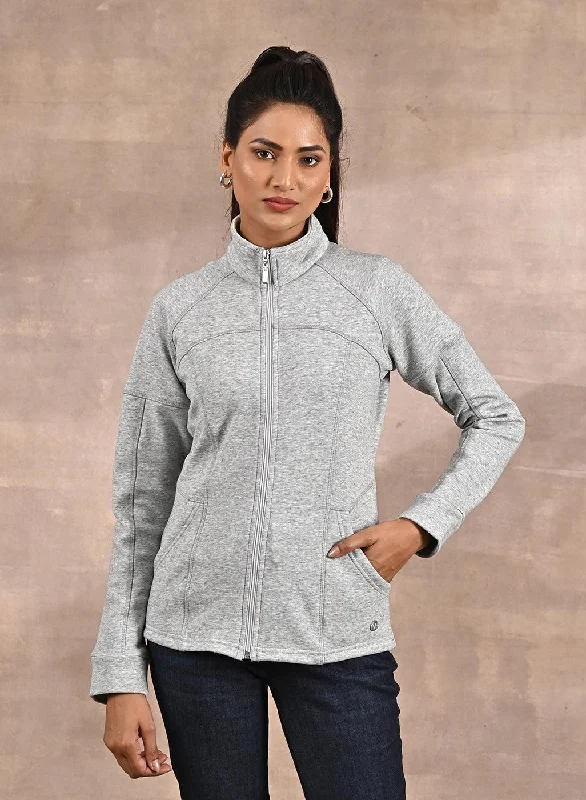 Classic Women's Fashion Grey High-Neck Zip-Up Casual Fleece Jacket