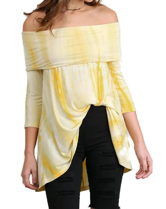 Women's Romantic Outfit Fold Over Off The Shoulder Tie Dye Tunic In Lemon