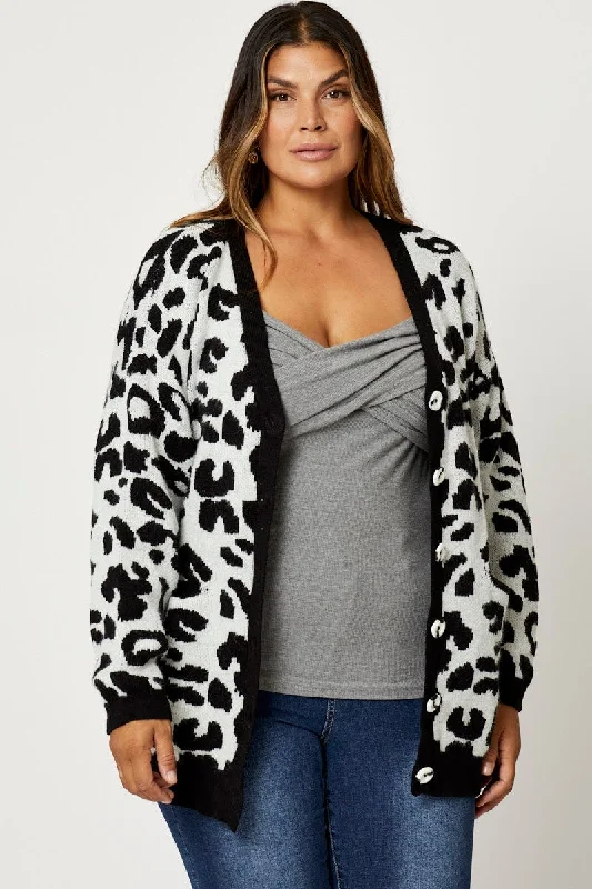 Women's Clothes Online Shopping Animal Print Knit Cardigan Long Sleeve Longline