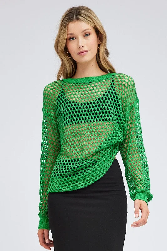 Women's Outdoor Attire Green Oversized Knit Top Crew Neck