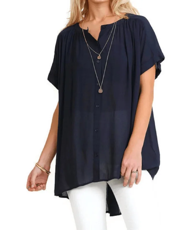 Women's Activewear Attire Mandarin Collar Button Up Tunic In Navy