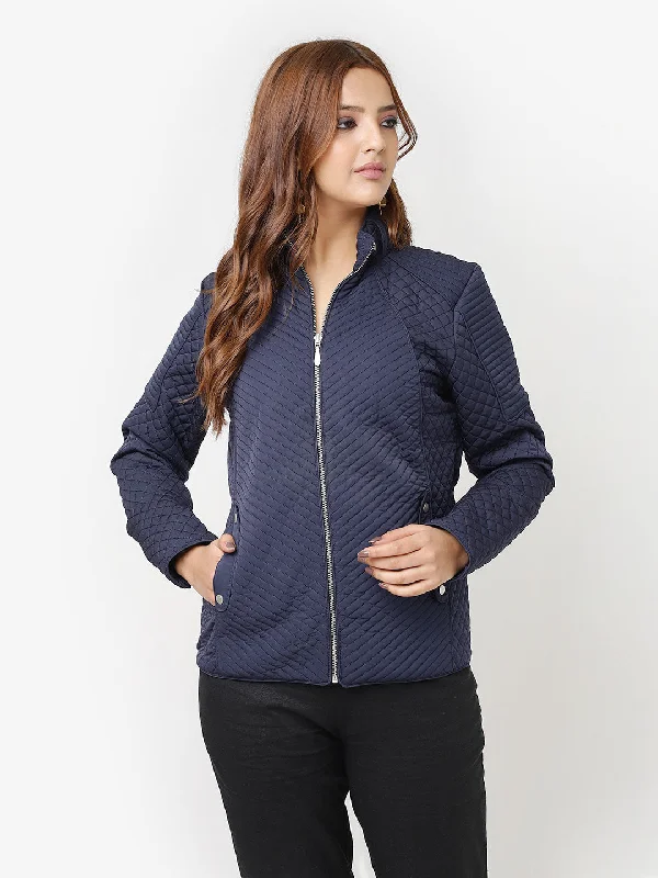 Vibrant Femme Fashion Navy Blue Quilted High-neck Jacket for Women