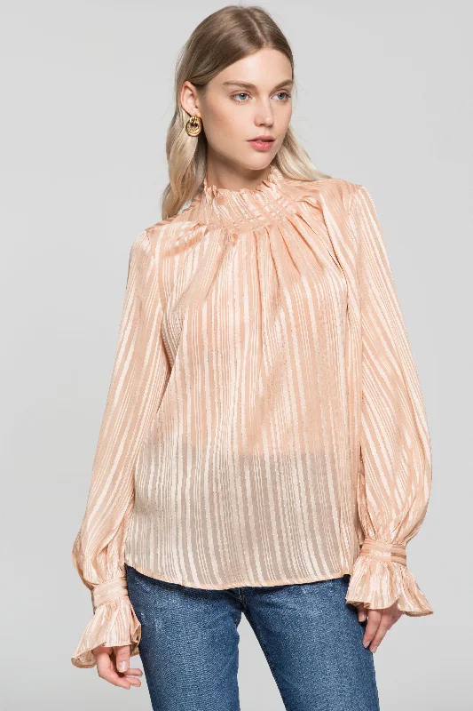 VIP Member Discount Cream Gold Iridescent Striped Flounced Sleeves and Neck Top