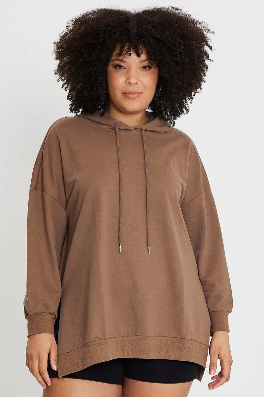 Clothes For Women Brown Longline Hoodie Side Split Detail Long Sleeve