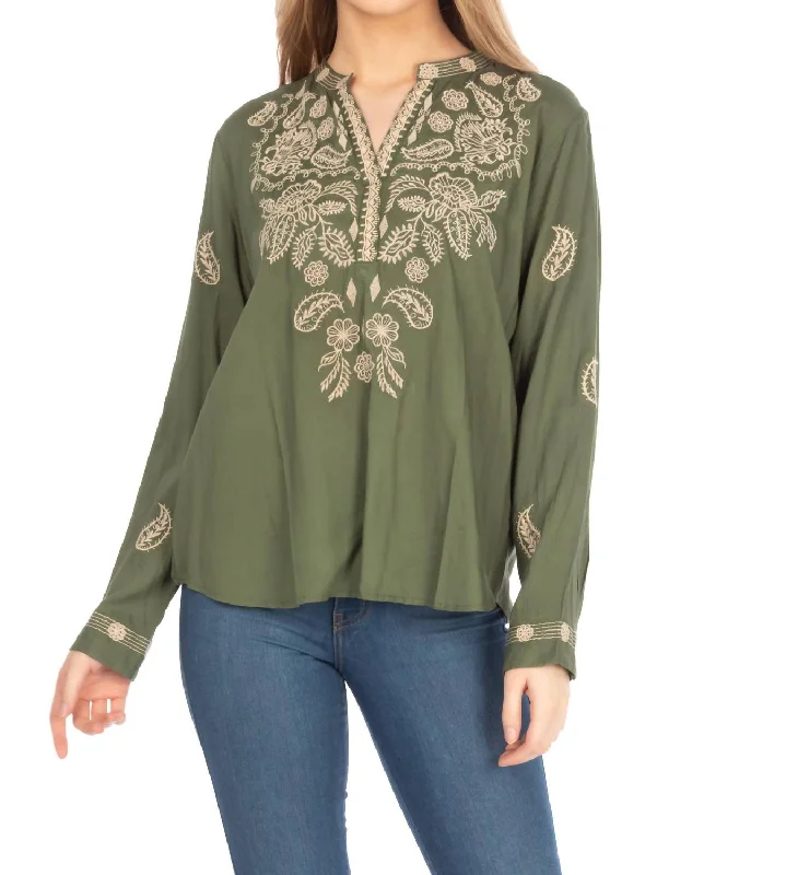 Women's Professional Garments Embroidery Boho Tunic In Dark Green