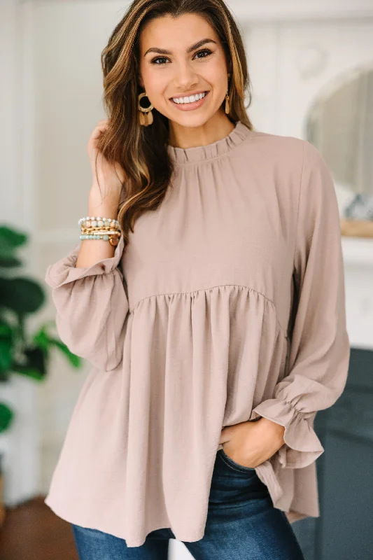 Women's High-Fashion Garments Making Moves Taupe Brown Ruffled Blouse