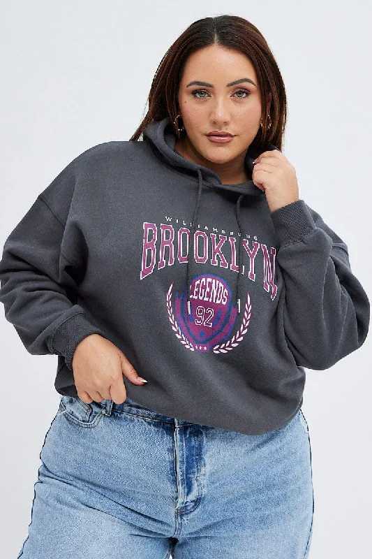 Clothing Woman Grey Relaxed Hoodie Brooklyn Embroidery Long Sleeve