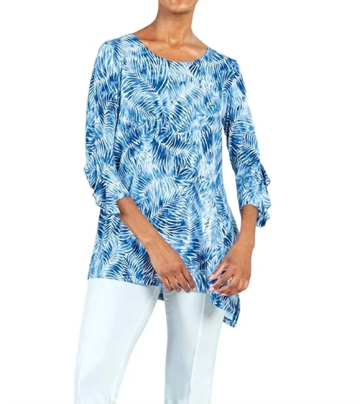 Women's Vintage-Inspired Outfit Flutter Cuff Angle Vent Tunic In Blue/white