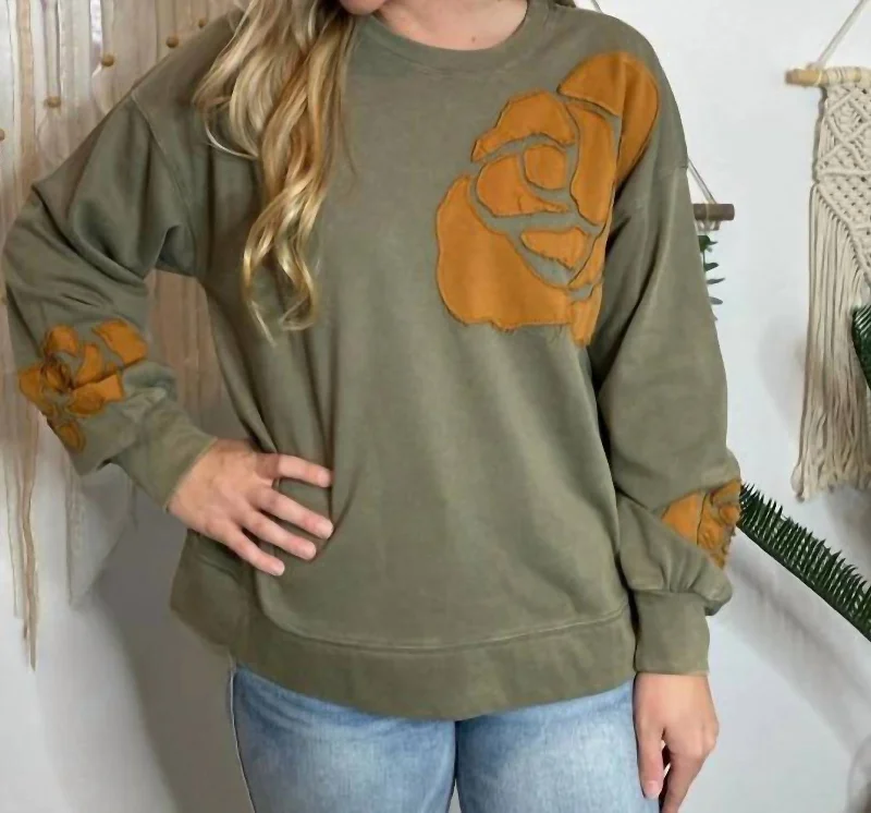 Workwear Fashion for Women Rose Applique Sweatshirt In Olive/orange