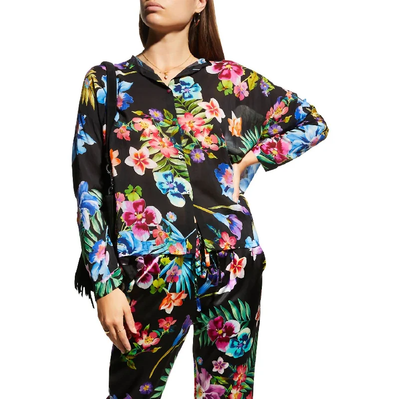 Women's Resort Attire Maeve Floral Print Long Sleeve Button Tunic In Black Multi Color