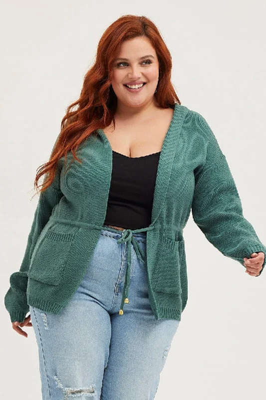 Women's Clothing Boutique Green Knit Cardigan Long Sleeve Hoodie